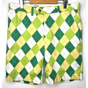 Loudmouth Golf Mens Flat Front Shorts Green Yellow White Argyle Size 36 x 11